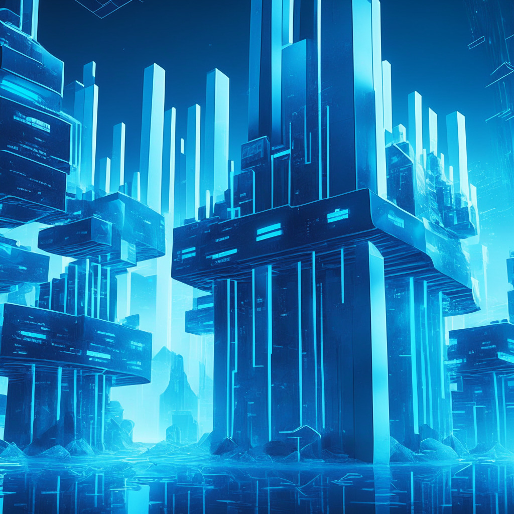 A futuristic financial landscape bathed in cool blue light, monolithic structures representing banking replaced by sleek, transparent blockchain networks glowing with energy, a symbolic stablecoin replacing traditional ACH deposits at the heart. Artistic style mimics neofuturism, demonstrating seamless technological integration, and a sense of impending transformation. Mood - anticipatory, hopeful.