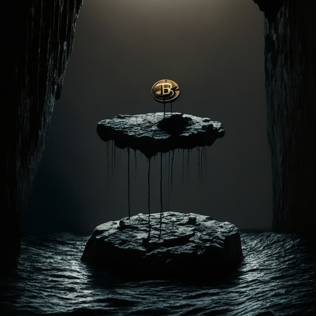 Dramatic visual metaphor of a crypto coin teetering on the edge of a precipice, symbolizes precarious balance in murky legal waters. Dimmed, moody lighting creating a slightly ominous vibe, Gotham inspired shadows akin to film noir aesthetics, manifesting risk and unpredictability.