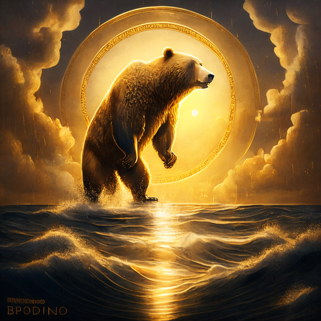 A warm, golden-hued image bathed in ambient light reflecting resilience and optimism. A majestic bear symbolizing the bear market and a sturdy ship navigating through stormy waters, embodying CoinFund. To show the promising future: a horizon glowing with the dawn of a new day, the sky painted with the exquisiteness of the Renaissance art. Shimmering coins falling as rain – paradoxically seen as a sign of prosperity. In the background, detailed representation of blooming, AI-driven smart contracts and blockchain technologies, and visionary figures directing the ship, standing for commitment and leadership. Overall, a harmonious blend of perceived threatening elements with hopeful elements, hinting towards positive progress midst adversity.