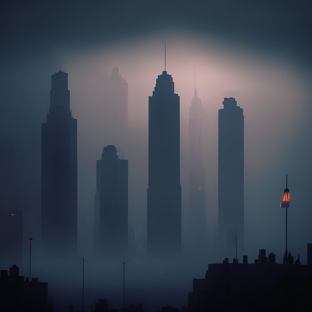 A surrealist cityscape at twilight, displaying the contrast between resistance and opportunity in the financial world. Skyscrapers shrouded in fog signal a bearish market. One enormous towering building casts an ominous shadow, depicting a strong resistance level, hinting at toughness and struggle. The city’s muted palette and somber mood catch the bearish momentum and market decline. On the other side, a lighthearted pocket of the city radiates warm, inviting light, symbolizing ascension and novelty. The area bursts with laughter, emblazoned with the caricature of a famous comedic character, insinuating the introduction of a new, humorous investment opportunity. The image should capture a moment of tension, expectation, and humor, shuffled in artful complexity.