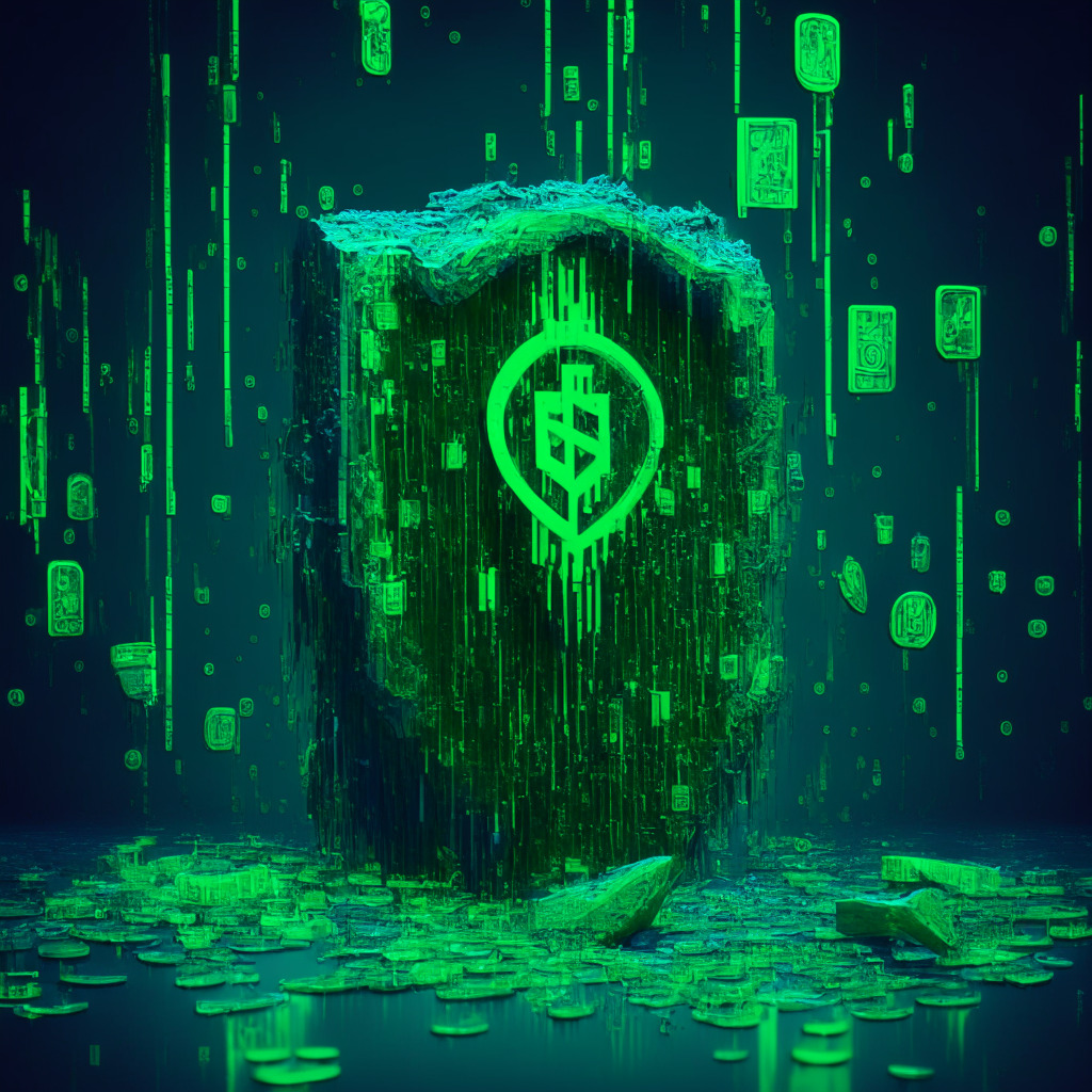 A somber yet resilient financial realm with digital shields depicting robust security enhancements, bathed in cold, tech-inspired fluorescent blues and greens. A detached, drifting Ethereum token signifies the loss, set against a pixelated, glitch-like coded backdrop, highlighting the continuous struggle of hacks. The mood is grim, encouraging caution and vigilance.