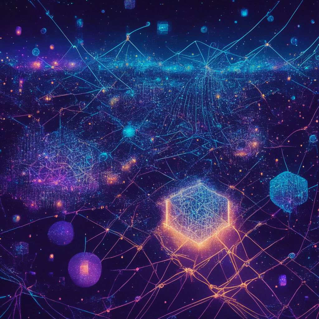 A sprawling universe representing the Cosmos blockchain ecosystem shimmering in iridescent hues, a multitude of interconnected nodes, each embodying individual blockchains linked through 'bridges'. The image bathed in twilight glow, represents a crucial crossroads, indicating both growth and uncertainty. Enhanced using the cyberpunk art style, to capture a futuristic, high-tech yet slightly dystopian mood.