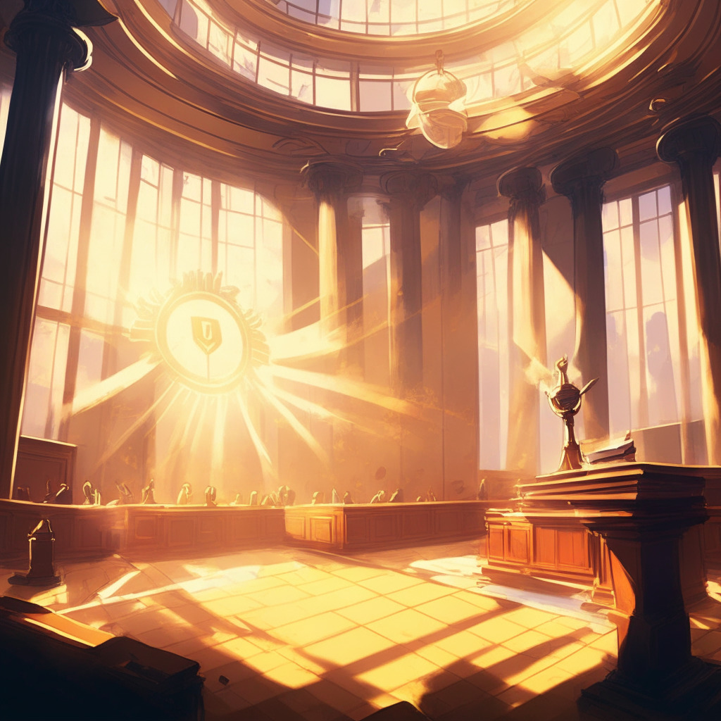 A courtroom bathed in soft warm sunlight indicating victory, a gavel striking, showing decisive action. The background subtly transitioning to a digital backdrop representing crypto industry, an XRP token and exchange platforms incorporated with an aura of triumph, painted in a Modern Renaissance style. Mood of the image: Victorious and Hopeful.