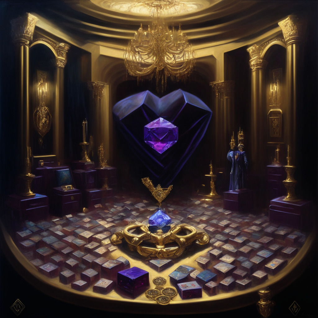An oil painting depicting a dark courtroom drama, where Richard Heart stands before a large federal seal representing the SEC. Heart's shadow engulfs piles of Ethereum resembling the HEX, PulseChain, and PulseX tokens. Heart's hand clutches luxurious items - a colossal diamond, opulent watches, and ostentatious cars. The room glows in a cold, harsh light reflecting the intense grilling, capturing the pressing theme - regulation versus crypto innovation.