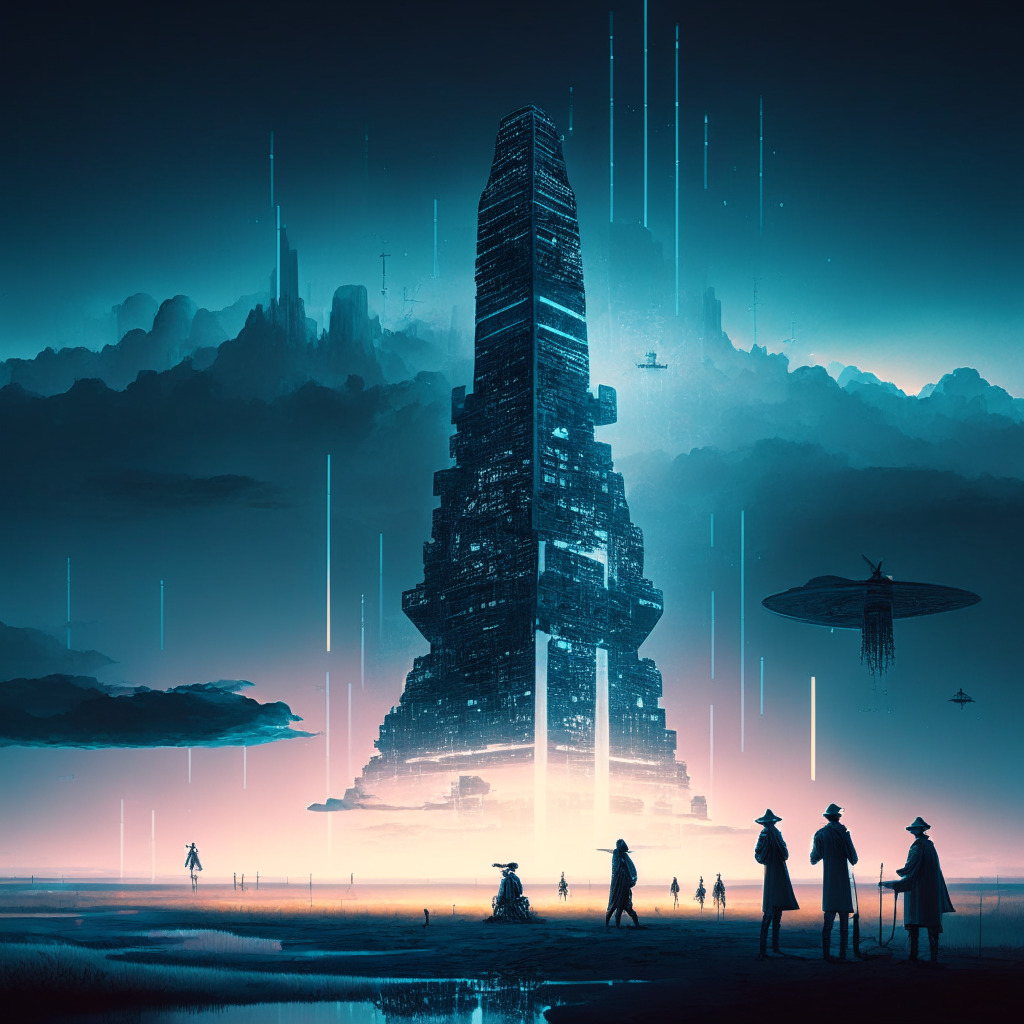 A futuristic digital landscape with a large glowing blockchain tower under a soft twilight sky, conveying security and risk. In the foreground, intricate representation of white hat hackers working in harmonious synergy with professional auditors, capturing the essence of cooperation, diligence, and intricate detail. The tone is one of dramatic tension with a mood of serious endeavour and shared responsibility, all set in a subtle yet luminous lighting composition.