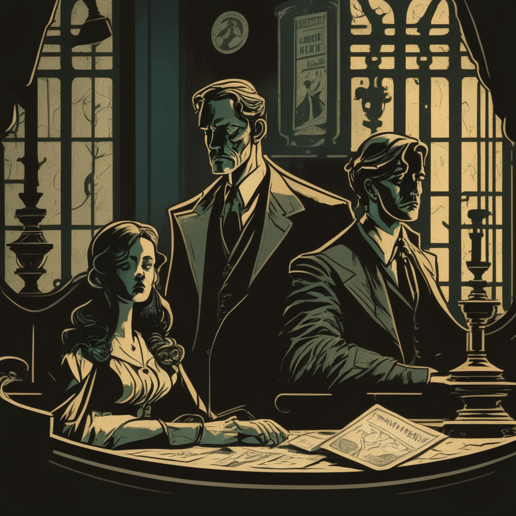 Dimly lit, dramatic courtroom scene, an entrepreneur couple on trial for a crypto scam, distressed investors watching. Use an Art Nouveau style. Picture should convey a grave mood, symbolize regulation and decentralization. Fold in elements like: digital wallets, crypto coins, a broken justice scale