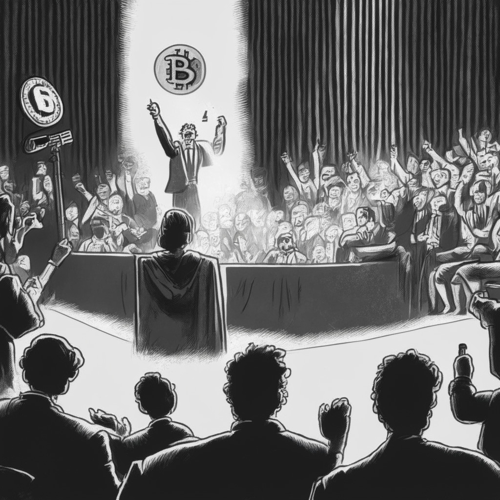 Courtroom scene in monochrome, with spotlight on a man (representing Craig Wright) trying to reach a crown (symbolizing the title 'Satoshi Nakamoto'). Show two parties in a dispute, one holding a microphone (representing podcasters), the other, a blanket (signifying comfort). Background features obscured bitcoin symbols, conveying secrecy. Mood is tense, style is surrealist, with an ethereal glow surrounding the crown.