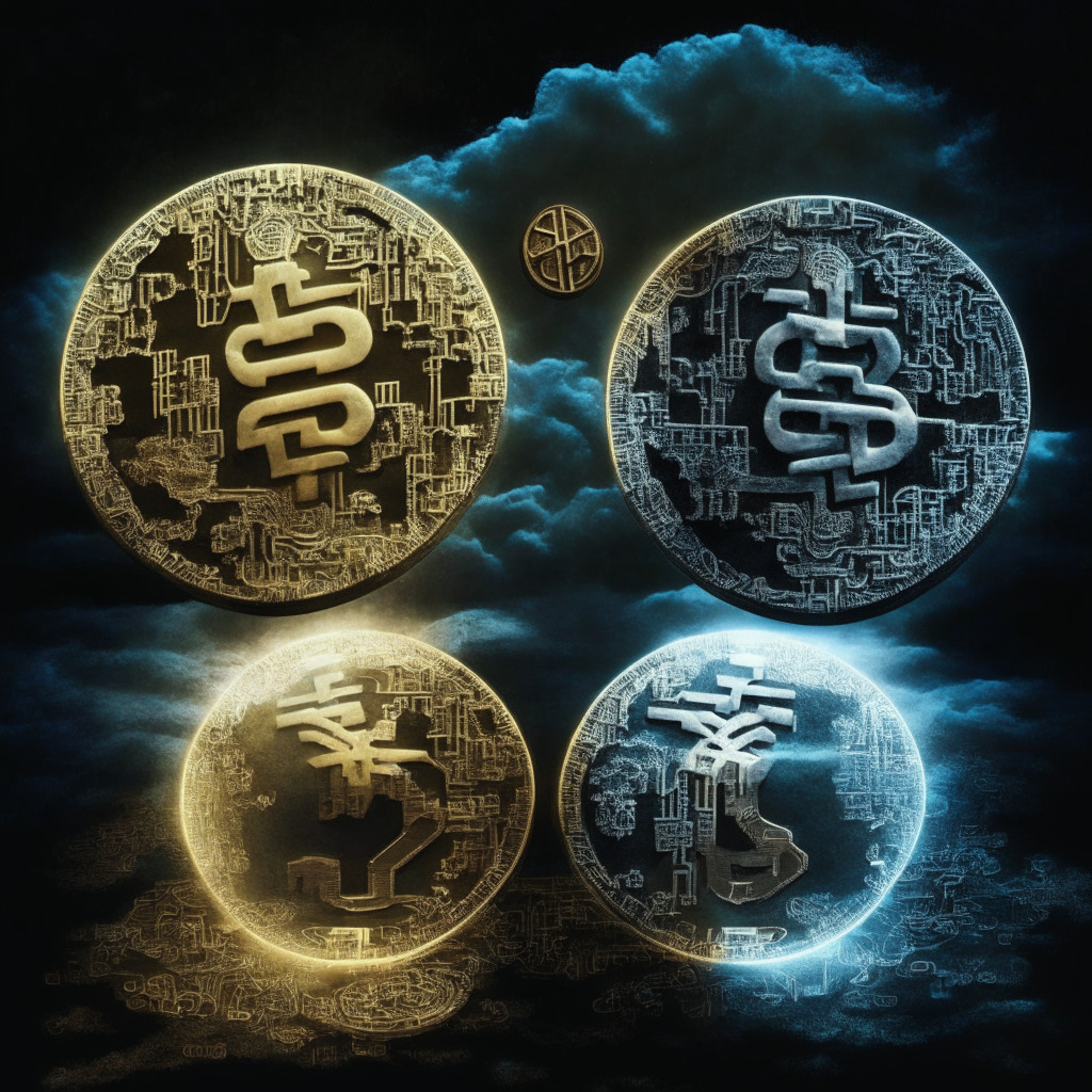 A surrealist image of two crossed digital coins inscribed with symbols representative of digital ruble and yuan, emerging from circuit-styled maps of Russia and China, respectively. The coins have a radiant digital glow in the dim, mysterious surrounding, symbolising the potential 'cross-border' potency. The background subtly shifts from stormy clouds, indicating uncertainty and potential disruption, to a clear sky in the distance, hinting to a technologically advanced future. All imbued with a classical oil painting effect.