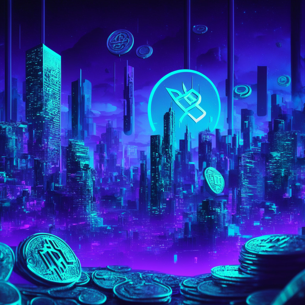 Digitalized night scene, 3D cryptocurrency coins floating on a futuristic city skyline, xERC-20 token prominently featured in the center. Cyberspace color palette; blues, purples, neon greens. Artistic style of cyberpunk, emphasizing on elements of technology, networks and encryption. Mood reflects critical security and monetary innovation, slightly ominous undertone.