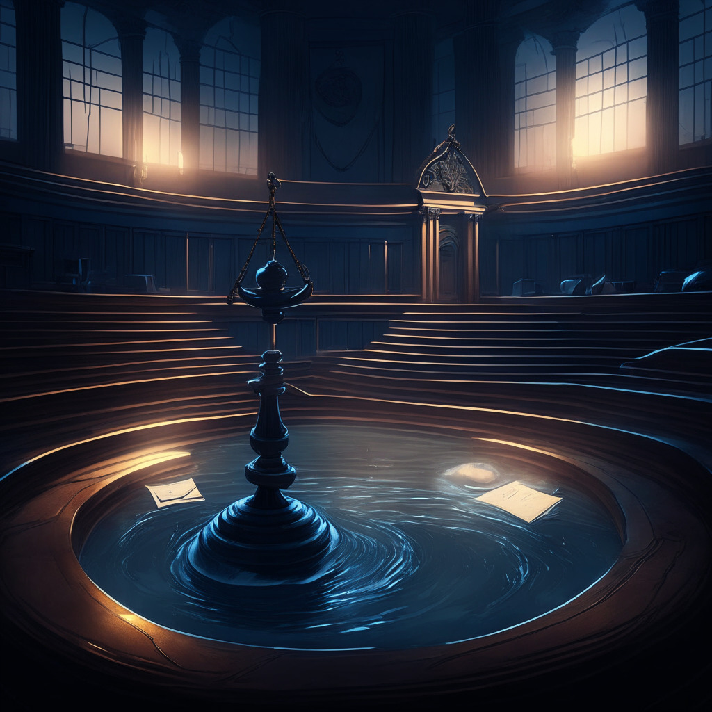 A courtroom under a solemn dusk light, showcasing a balanced scale as the central image. Judge's gavel on one side representing the SEC, and a ripple of water on the other symbolizing Ripple. Artistic style leans towards realism, setting heavy with anticipation, capturing the pivotal moment in the case between regulation and cryptocurrency.