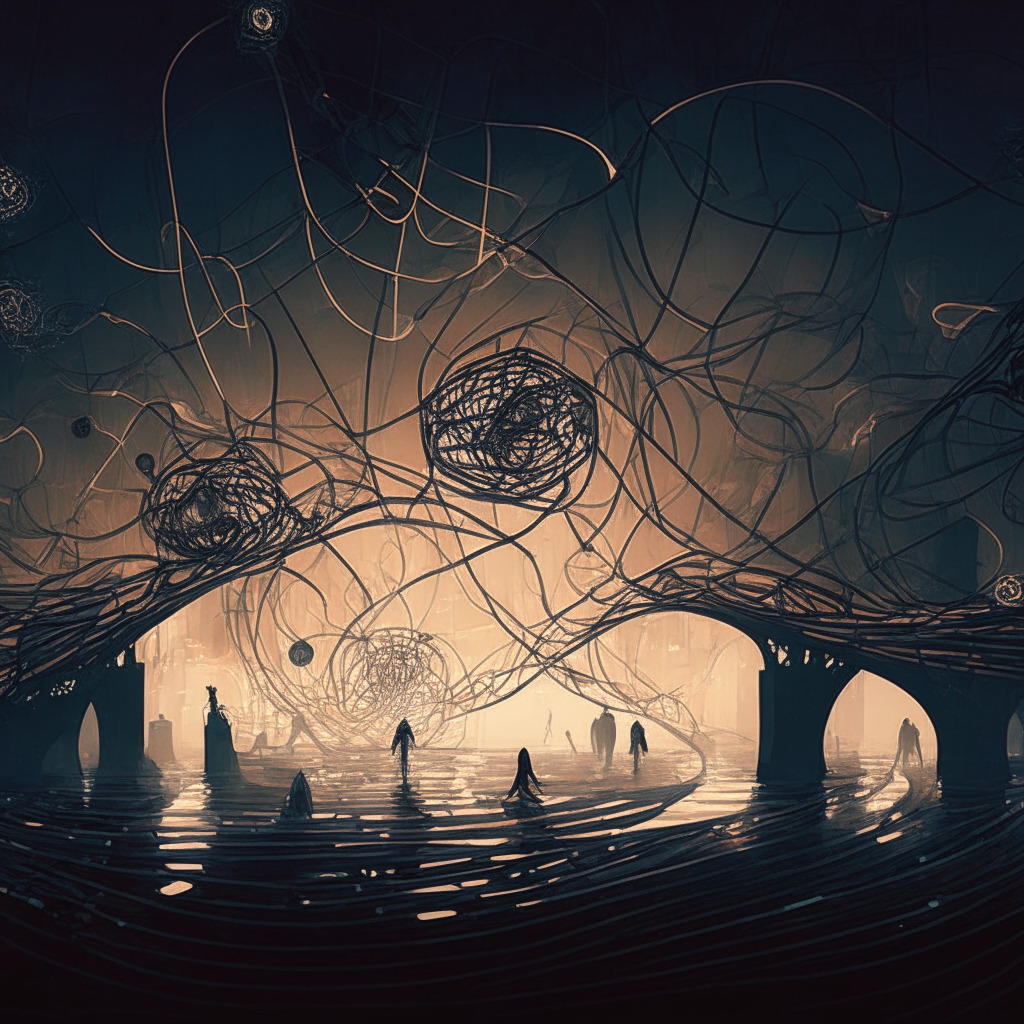 An abstract scene presenting a swirling web of tokens, bridges, and digital networks signifying outflows, cast in the soft, eerie glow of a fading dusk. It conveys a sense of mystery and intrigue, with phantom figures moving tokens in a spectral dance. It echoes the style of cyberpunk art, projecting an edgy, suspenseful mood, emphasizing the cryptic nature of the event.