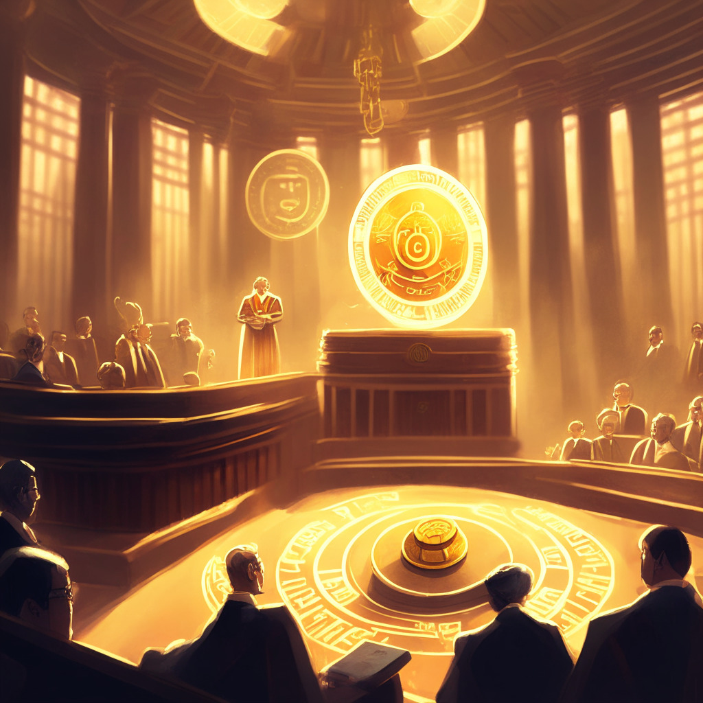 A digital painting of a Singapore courtroom, bathed in soft, warm light. At the center, a confident, bold judge, poised as if making a defining verdict. In his hands, a glowing coin emblazoned with the symbol of cryptocurrency. The background emanates with symbols of blockchain tech, coins, and shells interspersed, depicting its intrinsic value. Mood: Hopeful yet cautious, marking a significant turn in crypto perception.