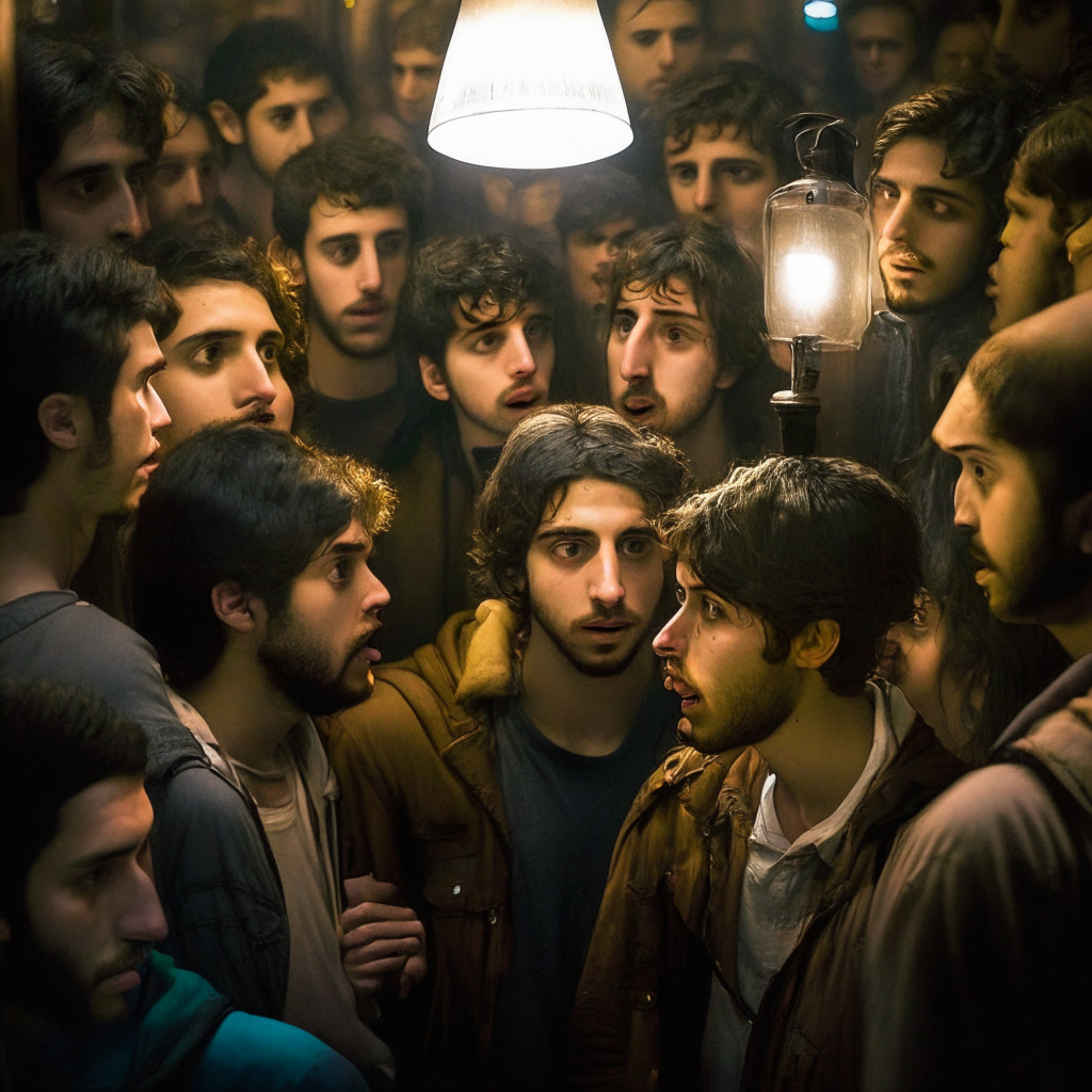 A youthful Argentinian crowd discussing cryptocurrency in a bustling market in Buenos Aires under a misty, dimly-lit lamp post. Their expressions are a mix of intrigue, confusion, and skepticism. The scene feels like an Argentinian version of a Picasso cubist painting with an ethereal glow, capturing the uncertainty and curiosity swirling around crypto.