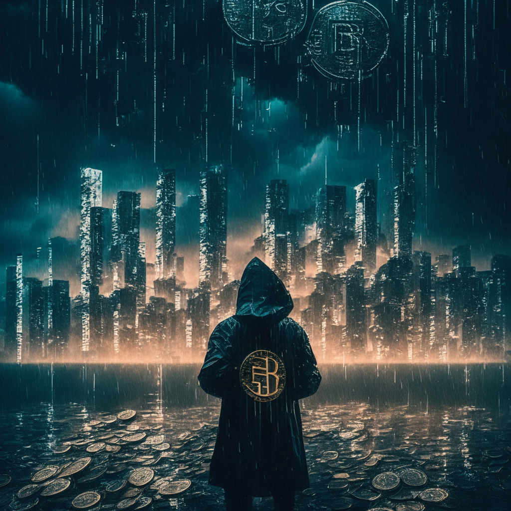 Dystopian style cityscape under a stormy twilight sky, Dramatic K-pop star caught in a rain of glowing cryptocurrency coins, A tangible sense of anxiety, disquiet, and precarious balance, Hint of glimmers of opportunity hidden among the chaos, Subtle symbolism of music industry and home dreams intertwined with digital currencies, Displaying volatility and high-risk - high-reward nature of crypto investments.
