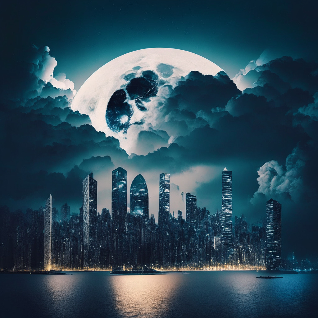 Depiction of a half bright and half stormy city comprising of futuristic skyscrapers, full moon on one side casting a soft glow on a serene cityscape, Switzerland's Lugano, where people blissfully engage in crypto transactions. The other half represents a storm striking the buildings symbolising the failed Celsius Network, the skies filled with tumultuous clouds, illustrating bankruptcy and financial turmoil.