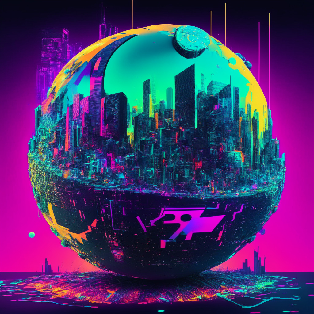 Futuristic digital sphere symbolizing Twitter, New Age cityscape overlaid with cryptographic patterns, Web3 wallet Suku emerging from the landscape, Neon-colored NFTs floating. Vivid colors and prominent contrast, Cyberpunk style, shadows casting mysterious mood, Sense of vigorous competition.