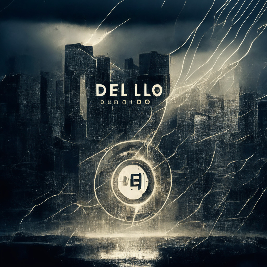 South Korean crypto lending firm, Delio under scrutiny at the heart of a stormy cityscape, symbolizing turbulence and uncertainty within the digital asset market. A balance scale - one side holding innovation symbols (gears, flashes of creativity), the other side representing security (shield, lock) under a spotlight indicating regulatory oversight, in an expressive, chiaroscuro style evoking a sense of dramatic suspense.
