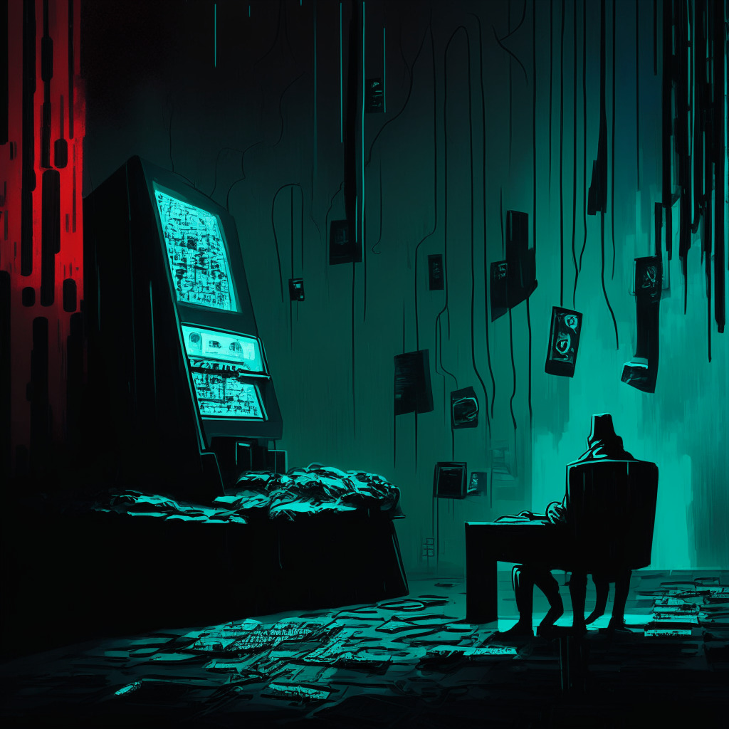 A dimly lit, semi-abstract scene illustrating a cyber security theme, rendered in an artistically compelling style influenced by neo-noir aesthetics. The image depicts representation of decline in crypto scams, symbolizing relief, contrasted by the rise of ransomware attacks, signifying danger. Convey the mood of increased caution and awareness, painting blockchain technology with both its benefits and pitfalls.