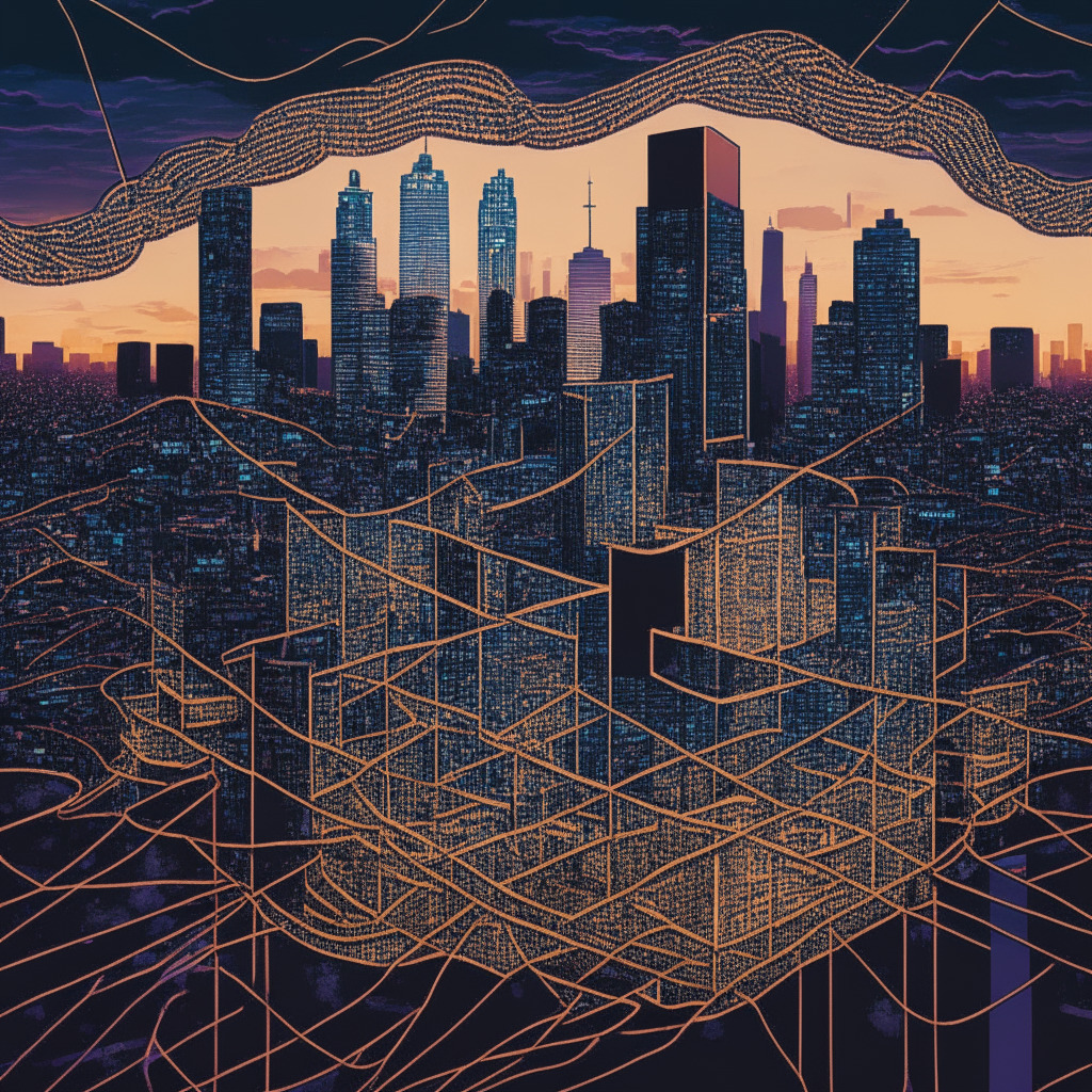 A detailed twilight setting over Dallas-Fort Worth representing the impending face-off between political party candidates, with a gargantuan, intricate blockchain wrapping around the city symbolizing crypto dominance. The mood is anticipatory, layered with an Impressionist-style aesthetic to convey the contentiousness of blockchain politics.