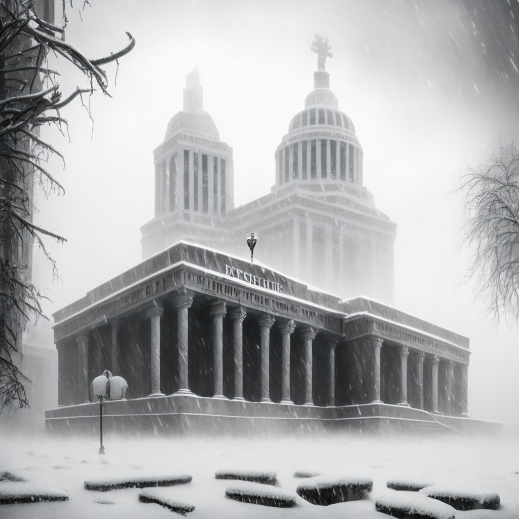 A winter morning in the Silver state, foggy and uncertain. Blockchain chains with frosty metallic finish in the foreground, representing crypto endeavor abruptly halted. A cracked trust symbol, fallen on snowy ground, suggesting significant collapse. The background, a towering ominous courthouse signifying regulatory crackdown. A tense, unsettling, somber atmosphere through a film noir style, harsh side light creating dramatic shadows.