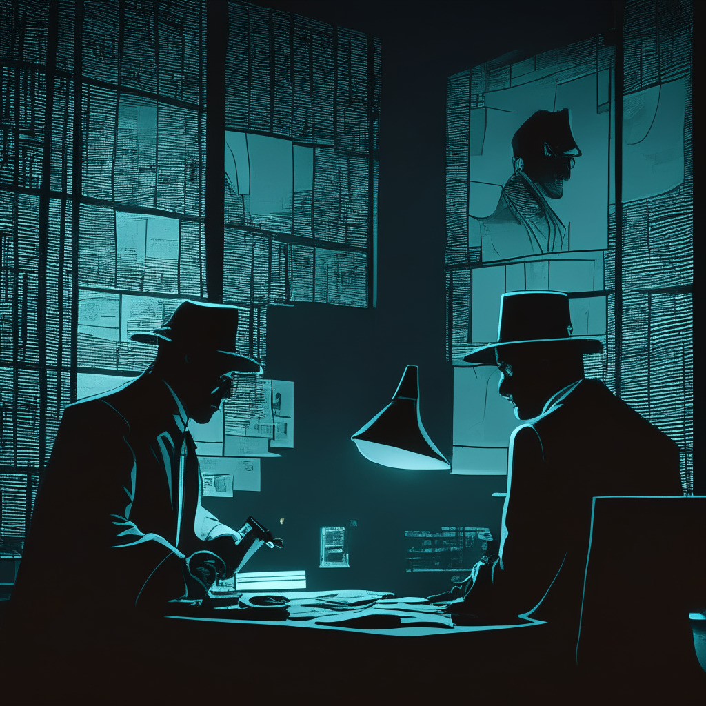 A gritty, noir-inspired scene illuminating two detectives sifting through complex digital code, representing on-chain transactions. In the dimly lit office, vibrant nodes of blockchain data flicker on the magnified glass screen, reflecting blockchain's ambiguous mysteries. Set in an Art Deco style artistry, this scene carries a somber mood, hinting at the ethical implications and privacy concerns in the crypto world.
