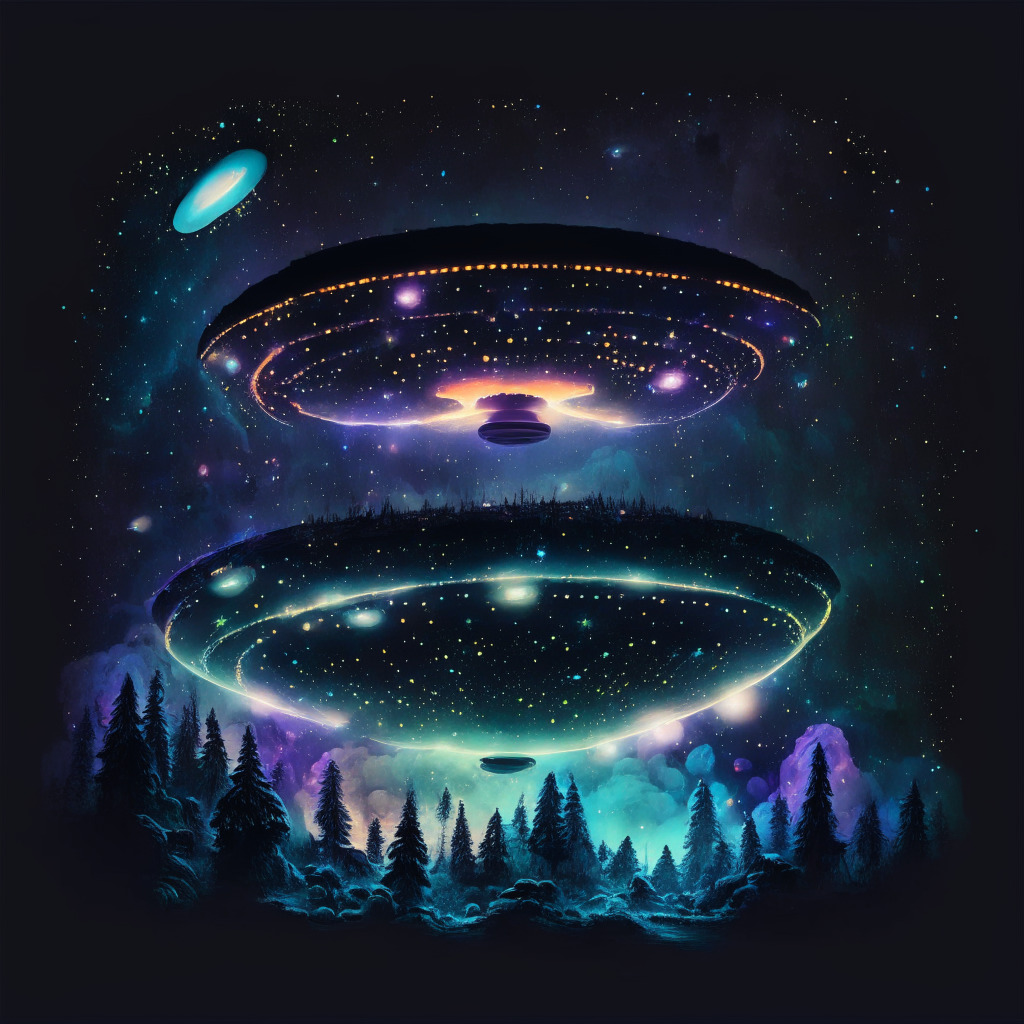 A mysterious, dark night sky illuminated by twinkling stars and digitally glowing UFOs. Incorporate a vivid display of ethereal, galactic colors reflecting the surrealism style. Moody and uncertain atmosphere reminiscent of the unknown nature of crypto markets and UFO sightings. Populate the scene with subtly glowing UFO-themed tokens among the stars.