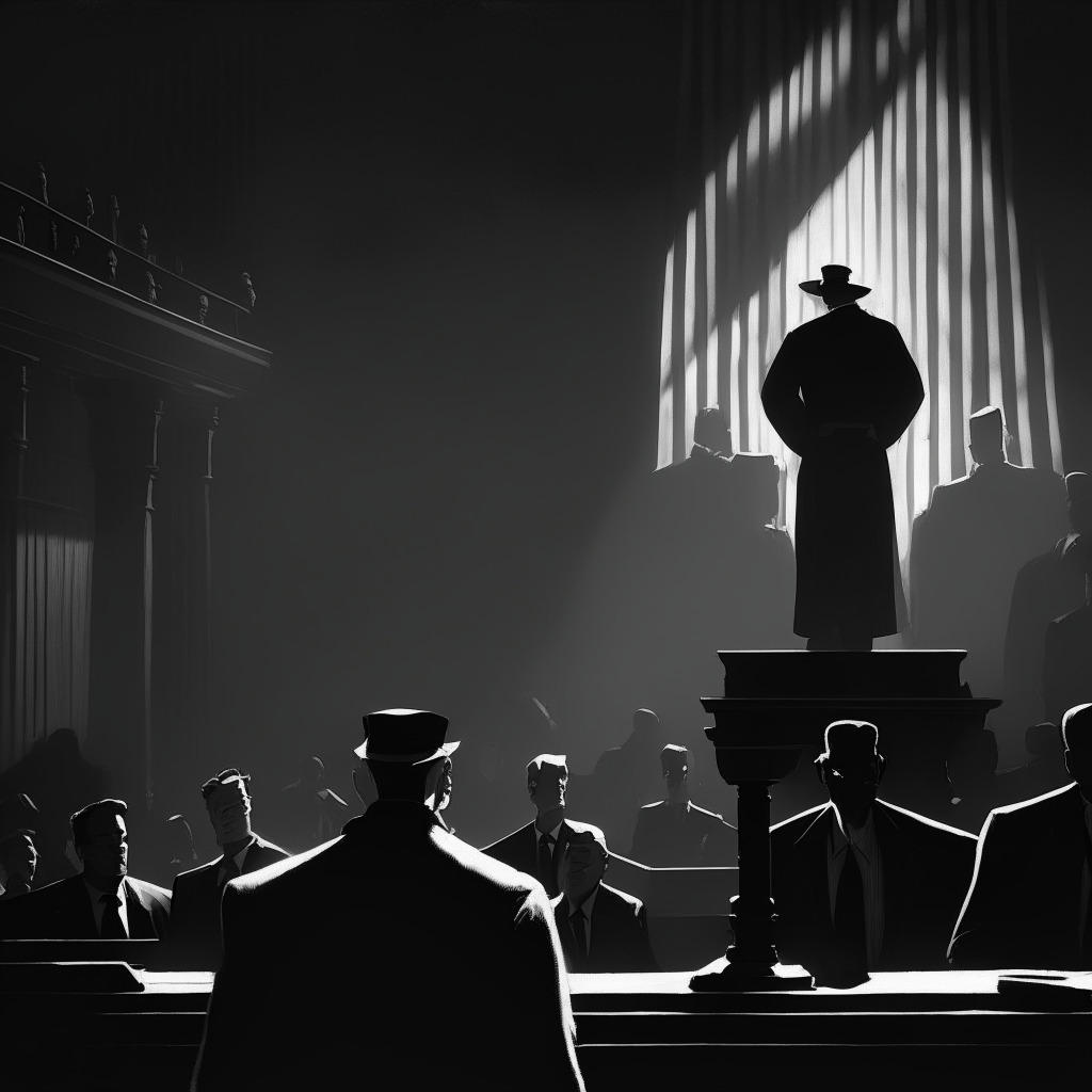 Moody courtroom scene in 'film noir' style. Focus on a man, representative of a cryptocurrency founder, standing solemn under the weight of a hefty fine. Gavel, symbol of the judge's verdict, sits prominently in the foreground. On the side, shadowy figures representing regulators loom ominously. Scene is underlit, casting heavy shadows, emphasizing a tense, darker atmosphere.