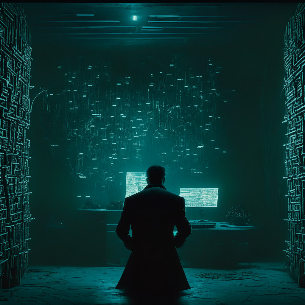 Neo-noir scene of a cyber battlefield, ominous atmosphere, bathed in a harsh, artificial light imbuing a sense of dread. In the foreground, a deception artist meticulously crafting phishing emails, a cyber labyrinth unfolds behind him in soft, ominous undertones. The ambiance reflects the dread of looming cyber threats. Don't include brands or identifiable logos.