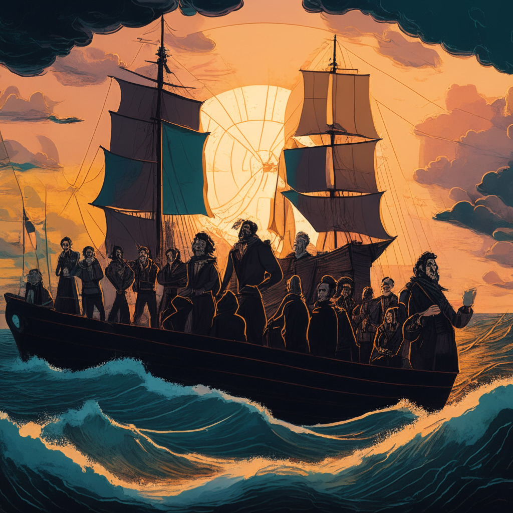 A tableau showcasing crypto industry leaders in the metaphorical act of setting sail from a stormy U.S. shoreline, their faces emphasized with a mixture of determination and concern. The horizon shows glimpses of welcoming, foreign shores bathed in a sunrise glow. The color palette is reminiscent of Romantic era paintings, with dramatic contrasts of light and shadow to underscore the dire situation at hand. The mood is heavy but hopeful as they navigate turbulent regulatory waters.