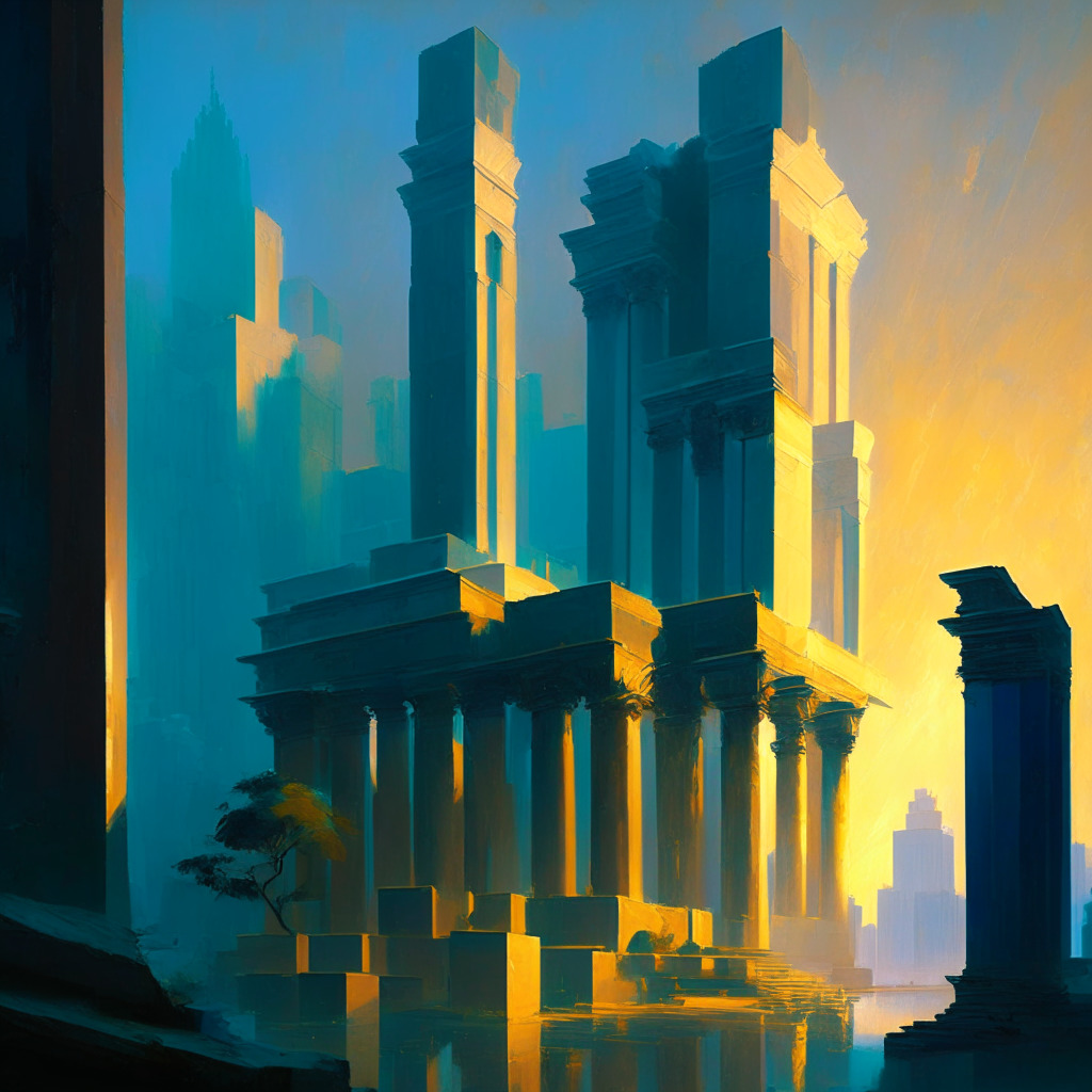 Mystical evening light highlighting a paradoxical financial landscape with contrasting architectural structures ranging from elegant courthouses to sleek skyscrapers and ancient ruins, hinting at the 'cryptocurrency triumph versus instability' narrative. Utilize an Impressionistic painting style, showcasing an air of stylized unpredictability, palpable tension, and cautious optimism to instill a sense of cryptoverse's enduring resilience and inherent risk.
