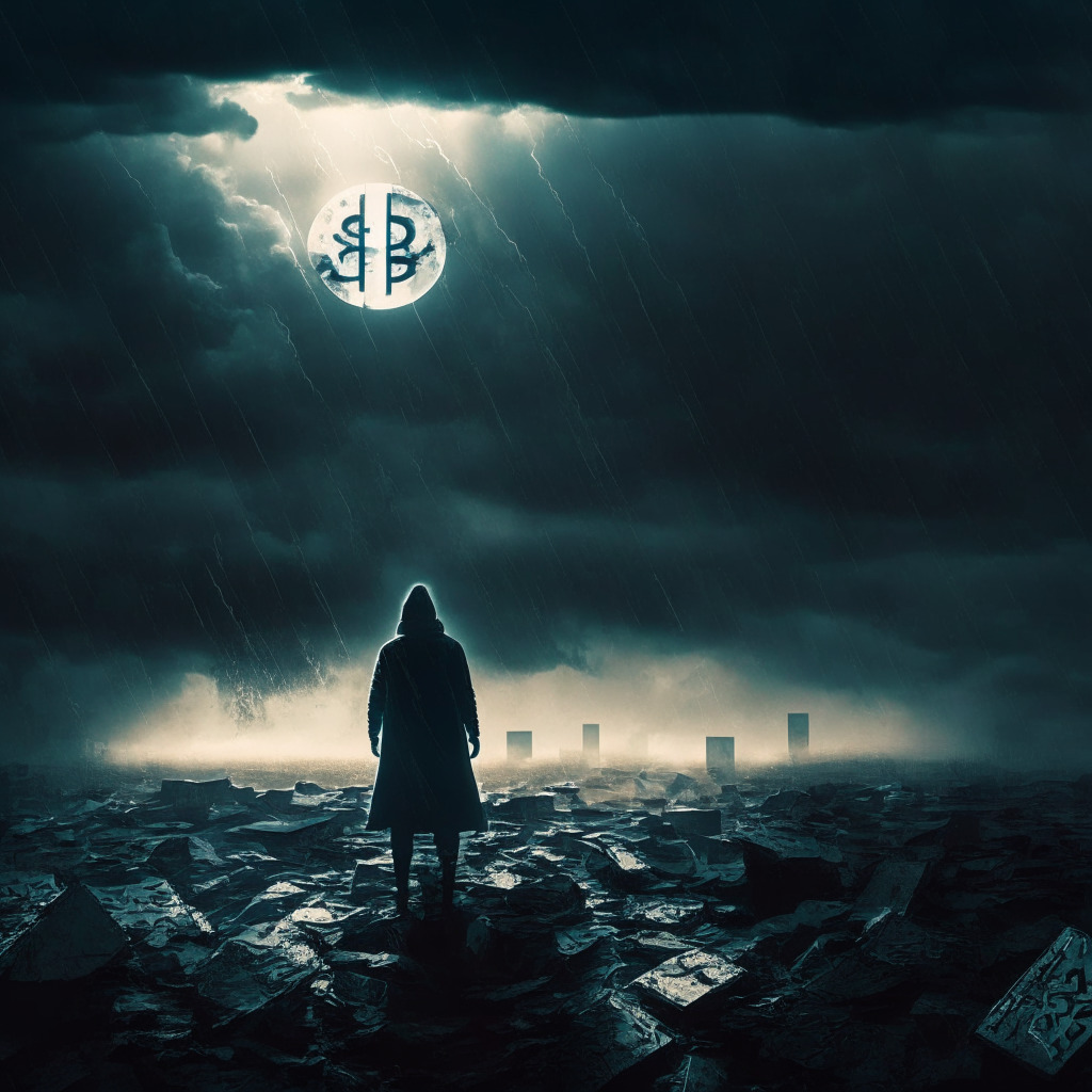 Dramatic, chiaroscuro-style scene in a dystopian digital landscape littered with cryptocurrency symbols, eerily illuminated under a stormy sky. A mysterious figure, emulating a cyber-terrorist, lurks amidst the shadows. A faint ray of light emanates from an entity representing a vigilant blockchain analytics firm. Mood: Tension, suspense.