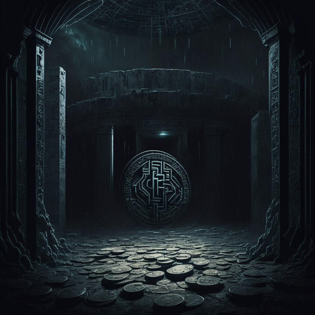 A symbolic representation of the declining cyberspace delinquency in 2023, Crypto coins falling into the vast abyss of the dark internet, contrasted by a guarded fort symbolizing strengthening security measures, Powerful use of chiaroscuro to create a moody, somber atmosphere, Strong lines echoing Art Deco style depicting the battle between illegal activity and diligent patrolling.