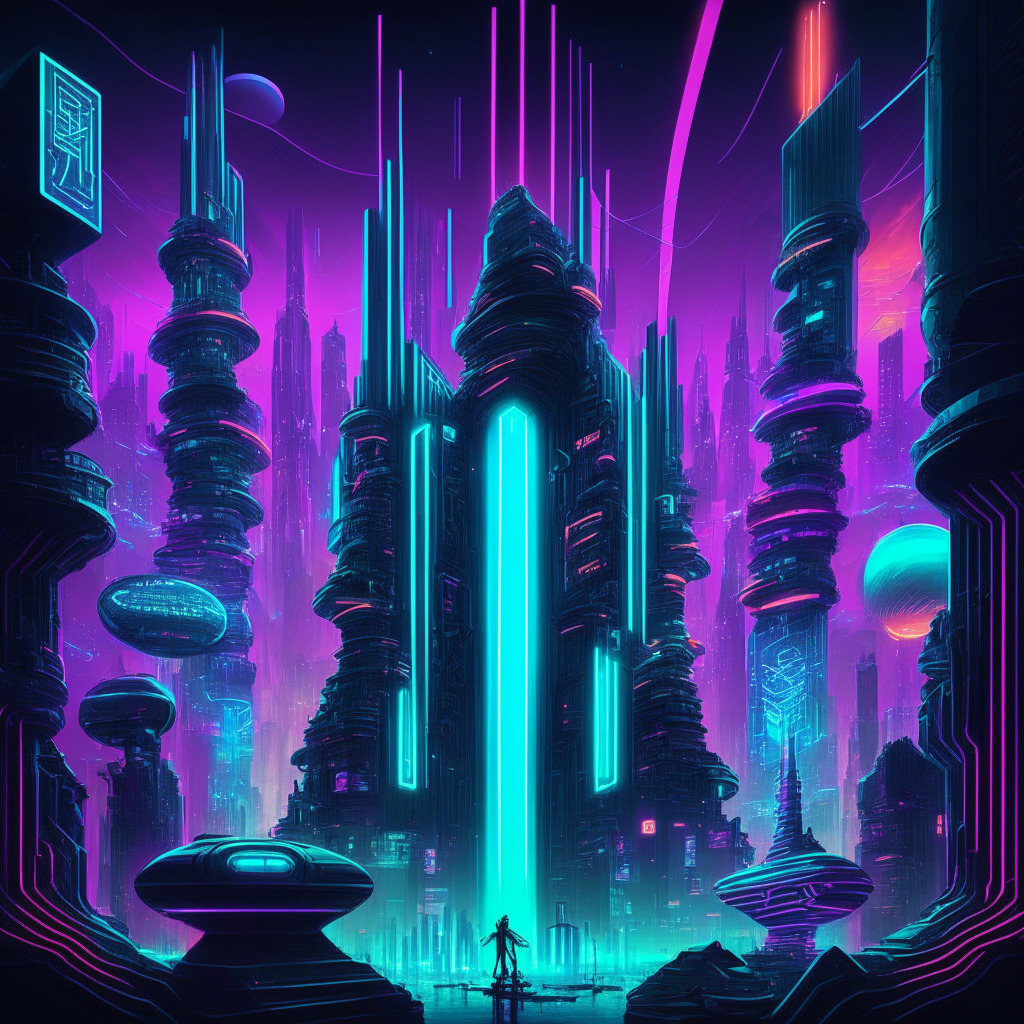 A surreal, Metropolis-inspired digital landscape illuminated by neon lights, representing blockchain integration into the gaming industry. Skyscrapers rise high, adorned with futuristic tokens symbolizing in-game assets. Expressive avatars, embodying professional gamers, explore the city with curiosity, their expressions varying between optimism and skepticism. In one corner, a colossal valve partially obstructs a radiant path symbolizing the resistance of traditional gaming, while an open gate on the other side suggests imminent change. The overall atmosphere of the image is electric and contentious, capturing the revolutionary potential and the undecided future of crypto in gaming.