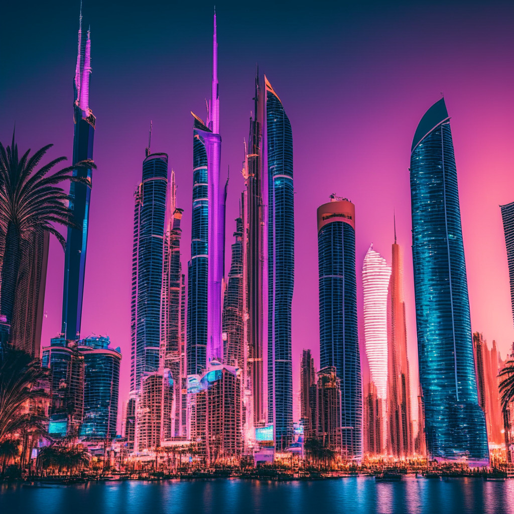 A cryptocurrency hub in the heart of Dubai, reflecting the skyline's famous cityscape, bathed in the golden hues of twilight. Modern buildings illuminated with cyan and purple lights, symbolizing blockchain technology. Diverse individuals, busy in a dynamic office environment, hinting at a globally expanded cryptocurrency adoption. The atmosphere radiates a sense of exploration and bold forward-thinking, yet a subtle undercurrent of uncertainty and tension lingers, representing regulatory challenges.
