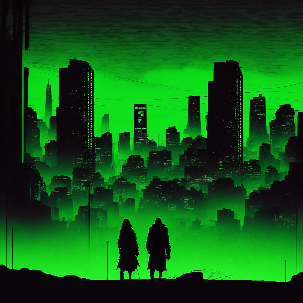 Dystopian cityscape at dusk where two cunning silhouettes, cloaked in shadows, orchestrate a crypto heist. Inspired by film noir, incorporate unsettling suspenseful mood, harsh angles, and low-key lighting. Graffiti on the background subtly signifies, 'Felon', 'Gaze', and '@Zombie'. A swipe of glowing neon green symbolizes the flowing stolen cryptocurrencies, stirring drama in the scene.