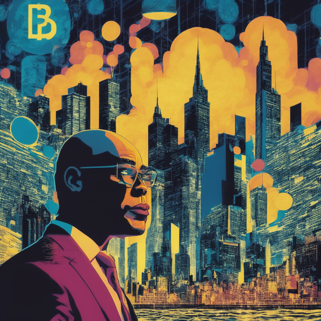 An animated picture of New York City, atmospheric lighting bouncing off the skyline, subtly oscillating between night and day to reflect the volatility of crypto markets. In the foreground, Mayor Eric Adams, stylishly rendered in a pop-art style, surrounded by symbols of traditional finance fading into graphic representations of Bitcoin and Ether. The image is uncanny, with a mood of anticipation, intrigue, and reveals the complex stance towards cryptocurrency in politics and personal finance.
