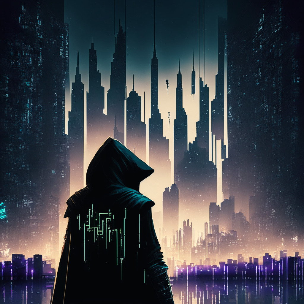 Ambient cybernetic cityscape depicting Ethereum symbol amidst looming buildings, a lone hooded figure representing a hacker before a crashing chart symbolising the drop in cryptocurrency worth, coded streaks illustrating the Vyper programming bug, air of suspense and alarm tinted darkly like a heist, light setting highlighting shadows to evoke mystery, artistic noir cyberpunk style.