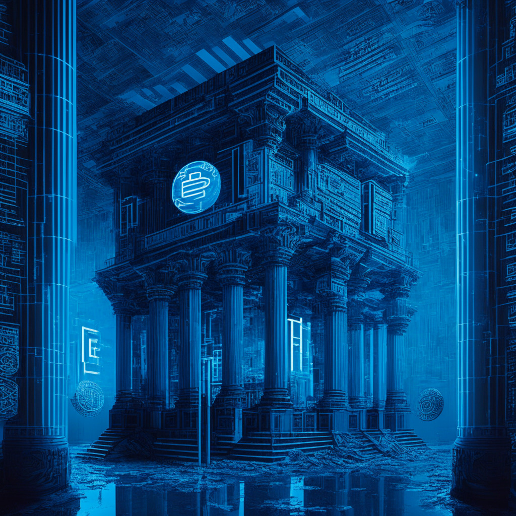 A paradoxical scenery portraying the world of cryptocurrency, it juxtaposes perceived innovation with underlying skepticism. It captures the programmability of crypto portrayed as interlocking, abstract, polished cyberspace gears against a background of traditional banking symbolized by imposing yet fading architectural facades. The former bathed in cold, neon-tech blue light, embodying promises of automated, seamless transactions and the frenzy of investment; while the latter steeped in warm, twilight hues indicating a strong, albeit fading relevance. The overall mood, a mixture of the futuristic enthusiasm and critical reservation, personifying the paradoxical view of the BIS towards cryptocurrency.
