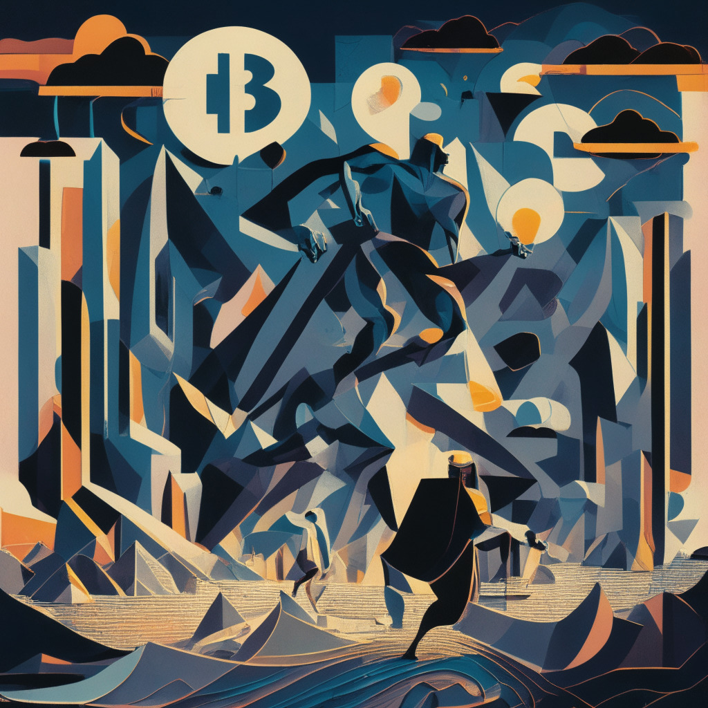 A dynamic scene at dusk, Bitcoin personified as a giant figure bearing the heavy load of funds, striding in an abstract, surreal landscape. The background is dominated by a line chart showcasing the inflows and outflows. The scene exudes a vibrant yet moody atmosphere, reflecting the bittersweet triumph of Bitcoin. Artistic style is reminiscent of cubism, embodying the complex, shifting nature of cryptocurrency.