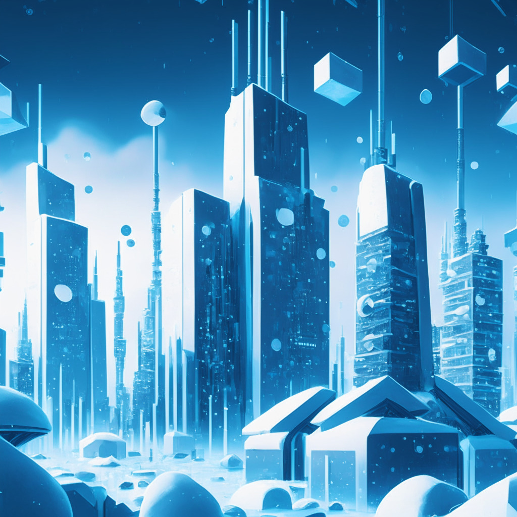 A futuristic cityscape at dusk, bathed in soft blue hues, reflecting cautious optimism. Banknotes, cryptocurrencies, swirling into the sky from a large, brass, industrial machine symbolizing funding for ventures. Elements of blockchain architecture metal monoliths and Web3 geometrical shapes appearing under construction dominating the skyline, a glimmering white snowfall depicting 'crypto winter'. A balance scale with early-stage and late-stage investment coins depict volatility, set under a bear-shaped constellation.