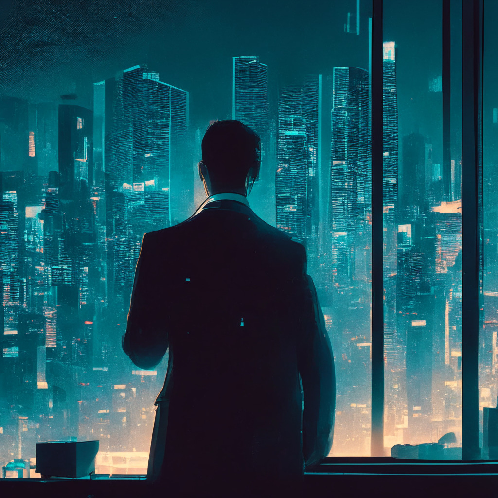 A metropolitan Hong Kong cityscape under subdued, moody evening lights. Sparse, glowing office windows denote a quiet job market. In the foreground, a disappointed figure clad in business attire looks at a fading holographic symbol of cryptocurrencies. Nearby, another figure excitedly explores a bright, detailed hologram of AI technology.