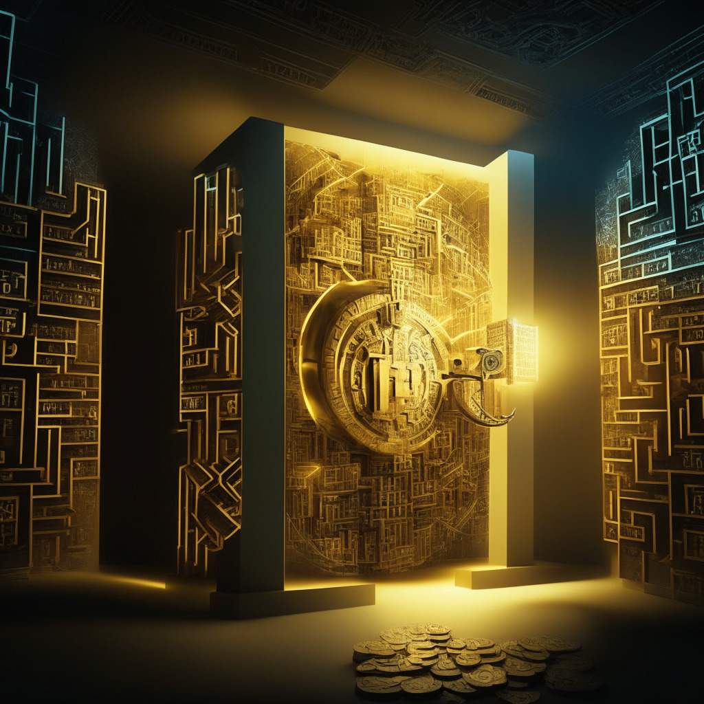 An intricately detailed, Cubist-style scene depicting a traditional bank vault metamorphosing into a digital code, split by a golden blockchain, symbolizing the shift from traditional finance to crypto lending. The light setting is dimmed, projecting a tense mood with spotlights highlighting the major transformation underway. The image incorporates elements of potential risks and lucrative returns, demonstrating the dual nature and allure of crypto lending.