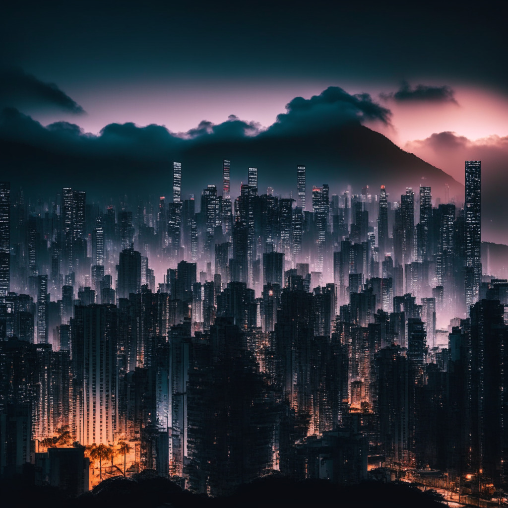 An urban cityscape of Hong Kong at twilight, building lights flickering on. Queues of symbolic representations of companies lining up for a vibrant, shining crypto license. The tone is aloof but hopeful, majority of buildings have low, dim light indicating lack of hiring activity. In the distance, a looming cloud of war symbolizing a future talent war, the air filled with suspense. The image has a crisp, digital art style.