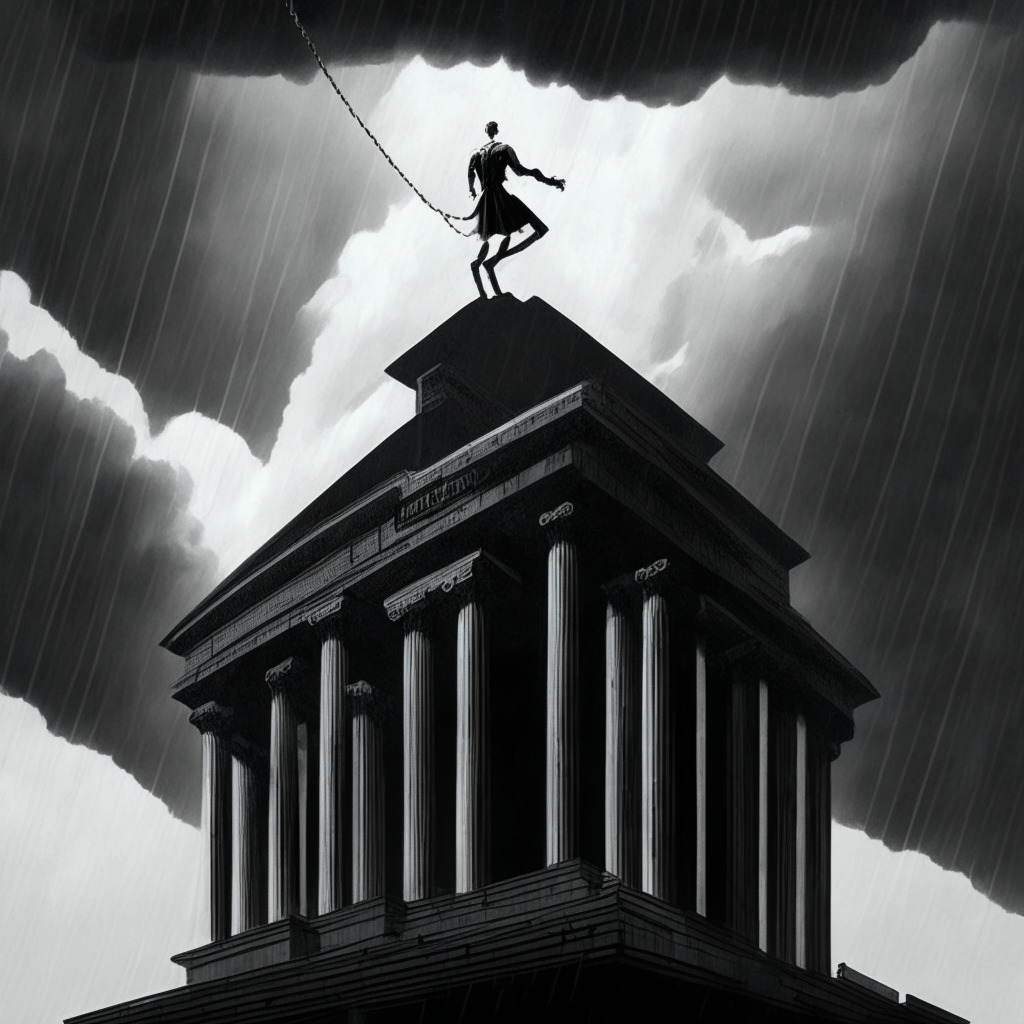 An imposing courthouse in high contrast noir style, under an overcast sky indicating a storm brewing. Sam Bankman-Fried, depicted as a subtly shimmering digital entity, walking on a tightrope high above, symbolizing precarious legal situation. Subtle spectators in the form of blockchain are observing anxiously from below, foreshadowing crypto community's concern.