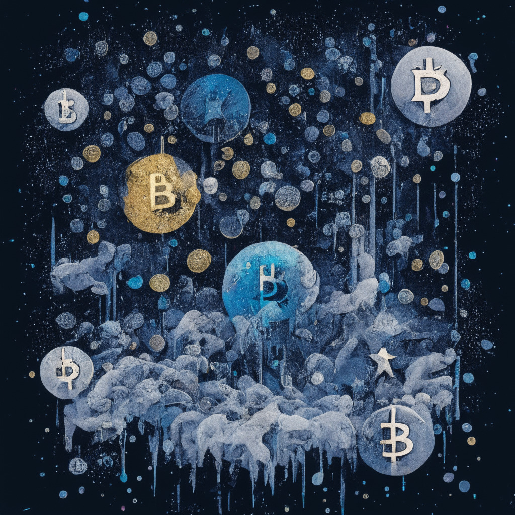 Abstract representation of crypto market downturn, muted dark, cobalt and greyscale tones, the melancholic downturn depicted by sinking Bitcoin and Ethereum icons, followed by an unexpected celestial ascent, tiny stars symbolizing emerging meme-coins, PEPE2.0, Floki 2.0, SHIB2.0, bursting into life with splashes of vibrant colors, mimicking the unexpected explosive growth-- depicting the friction between cautious approach and volatile, yet promising, potentialities.