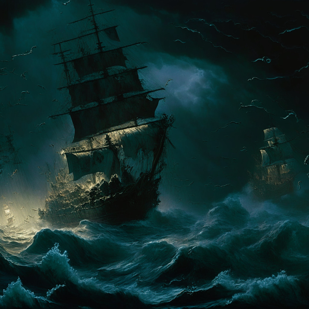 A dimly lit, atmospheric scene of turbulent markets, embodied as tempestuous ocean waves under a brooding sky. In the foreground, Bitcoin and Ether coins appear as distressed ships on the stormy seas. Altcoins, personified as resilient underwater creatures, dart about beneath the billowing waves. The image is rendered in a chiaroscuro style, capturing the uncertainty and potential resilience within the cryptocurrency market.
