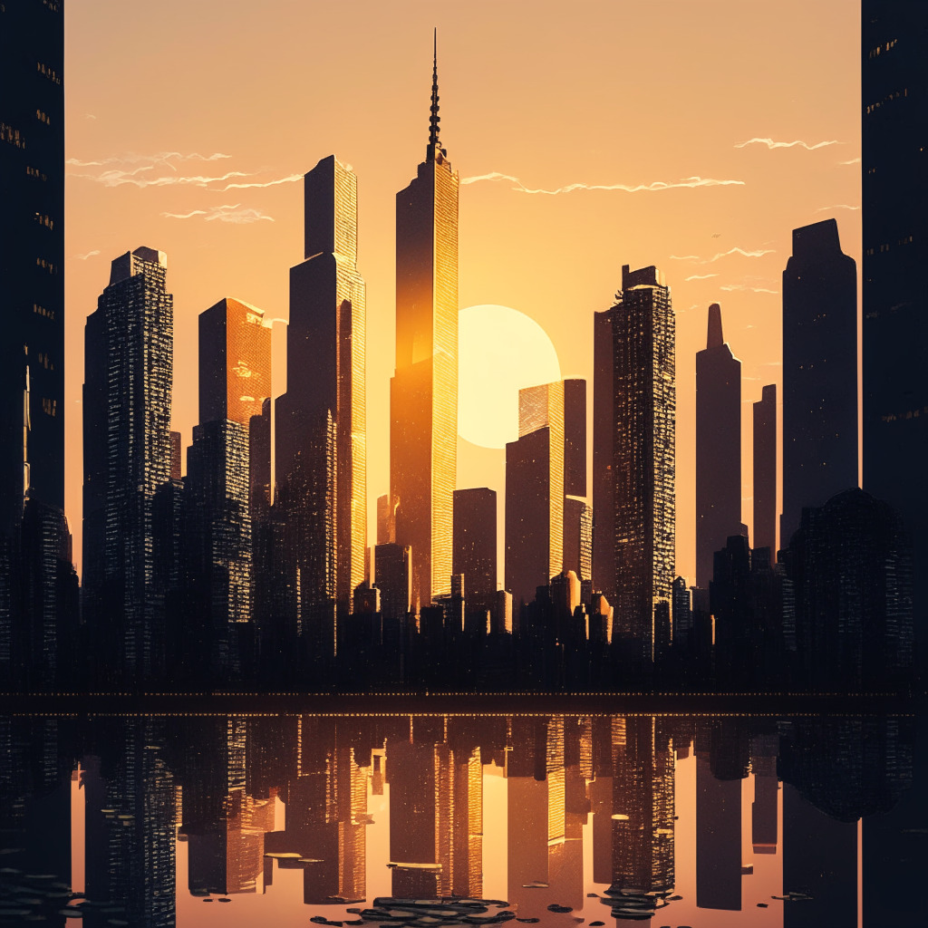 Global cityscape at dusk with tall skyscrapers basked in a gentle sunset glow, a large Bitcoin coin floating above, casting a slight shadow on the city. Meanwhile, a multitude of smaller cryptocoins like ADA, Litecoin, DOGE, SHIB, and STORJ orbit the Bitcoin. The scene is serene and calm, giving a feel of relative stability amidst chaotic fluctuations. Elements of contrasting weather conditions like dark clouds and bright sunshine are incorporated to represent the mood swings of the crypto market. The overall feel is neo-futuristic for a blend of optimism and uncertainty.