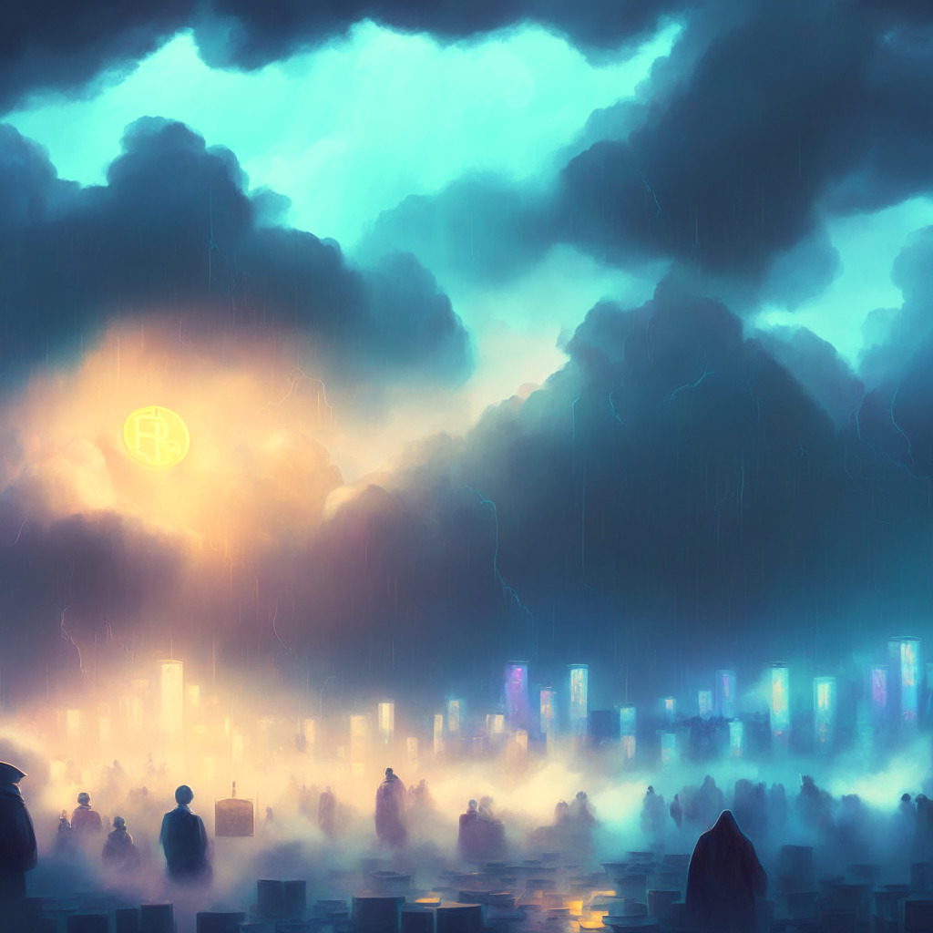 A vibrant cryptocurrency market under a moody, overcast sky, ethereal glow on Filecoin & Storj coins reflecting their recent gains standing tall over slightly dimmed Bitcoin & Ether. In the background, mysterious fog & faint rays of optimism hinting at market changes yet to come. Artistic style: Impressionistic with airy, soft colors.