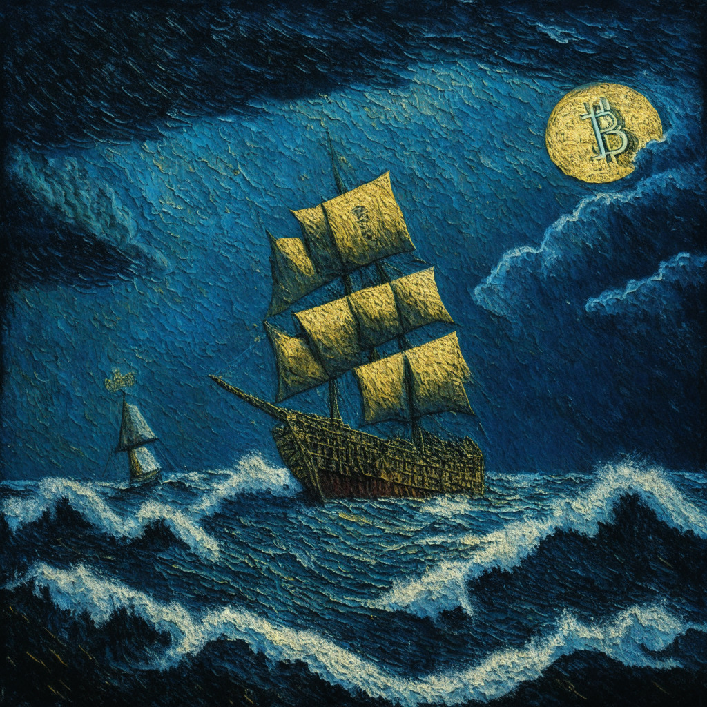 A mid-storm scenario showing Pepe Coin and Bitcoin as weathered ships sinking amidst a turbulent ocean, under a darkened, tumultuous sky, indicative of market turmoil. Painted in a Van Gogh Starry Night style to echo the uncertainty and angst. A distinct portion of the canvas shows a beacon of hope, a new ship sailing calmly, representing the emerging prospect of BTC20. Depict an overall gloomy yet hopeful mood.