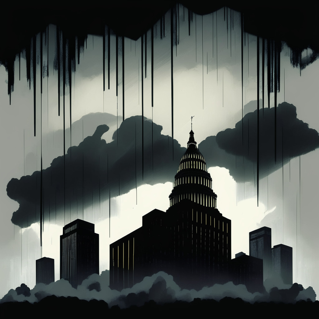 Dramatic, dusky financial skyline, with crypto-currencies like Bitcoin, Ether, Solana and XRP taking a nosedive like shooting stars against the backdrop of a stormy sky, embodying their significant drops in value. Include the imposing silhouette of capitol-like structures, symbolizing the impending regulatory challenges. Paint the scene in a grim, monochromatic palette, capturing the tense and fluctuating atmosphere of the crypto market.